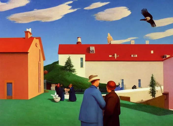 Image similar to alpine village, clouds, bird, open ceiling, strange foreign objects, oil painting by edward hopper, chirico and rene magritte