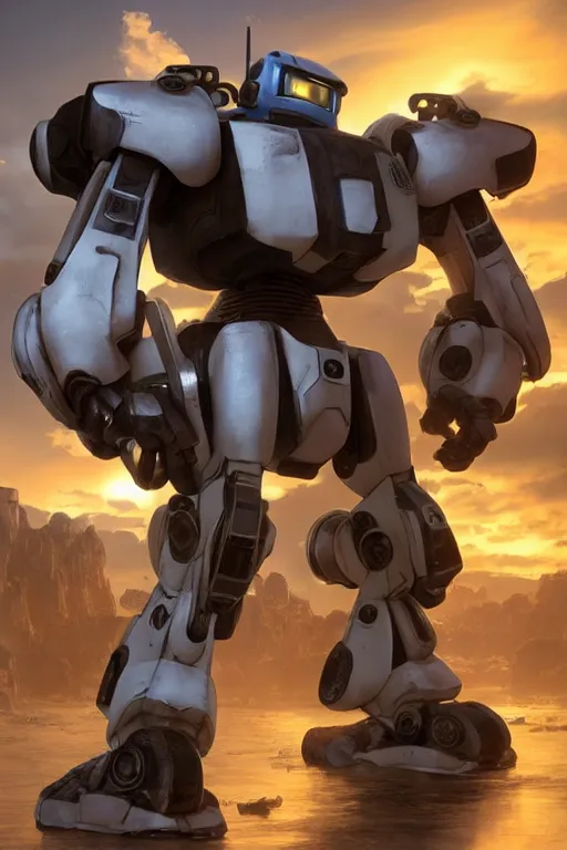 Image similar to mechwarrior 5 : mercenaries mech megaman transformer robot boss tank engine game octane render, 4 k, hd 2 0 2 2 3 d cgi rtx hdr style chrome reflexion glow fanart, global illumination ray tracing hdr fanart arstation by ian pesty by jesper ejsing pixar and disney unreal zbrush central hardmesh