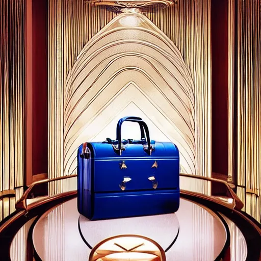 Prompt: a luxury handbag in year 3000, art-deco style, in entrance hall of an art-deco skyscaper, photography , official vuitton editorial , wide view