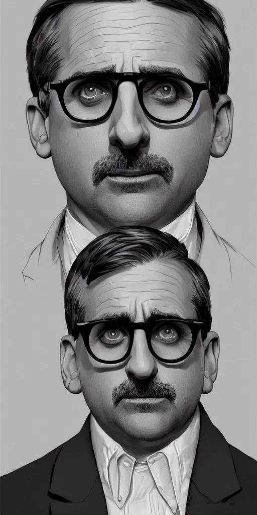 Prompt: close up of steve carell as a scientist, high contrast, highly detailed, sharp focus, digital painting, concept art, illustration, trending on artstation, art by greg rutkowski + greg hildebrandt + alphonse mucha