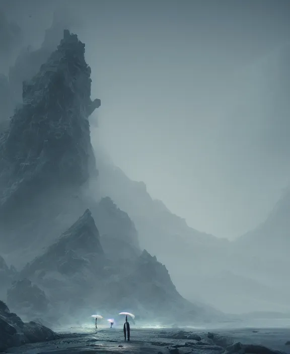 Image similar to surreal romantic stranded valley prometheus horizontal white mecha building architecture by ruan jia, futuristic blame, white architecture in the beach in iceland, foggy, highly detailed, digital painting, arstation, concept art, hyperealistic octane render, unreal engine