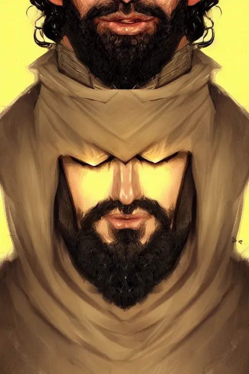 Image similar to Arab man light beard, curly hair, knight, hero, leather armor, yellow and charcoal, character concept art, costume design, black eyes, white horns, trending on artstation, Artgerm , WLOP