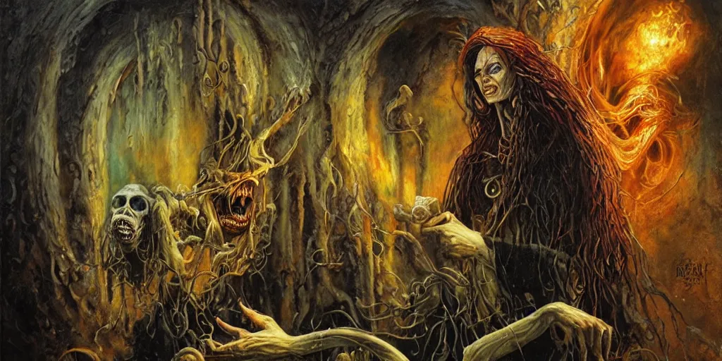 Prompt: a terrifying witch with boils and a long nose over a big black cauldron making magic in the style of Karol Bak