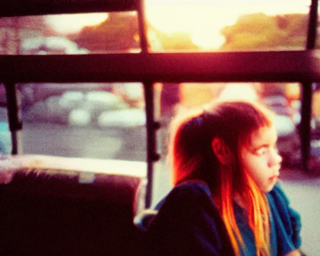 Image similar to lomo photo of shy goth girl sitting in empty bus, sunset, cinestill, bokeh