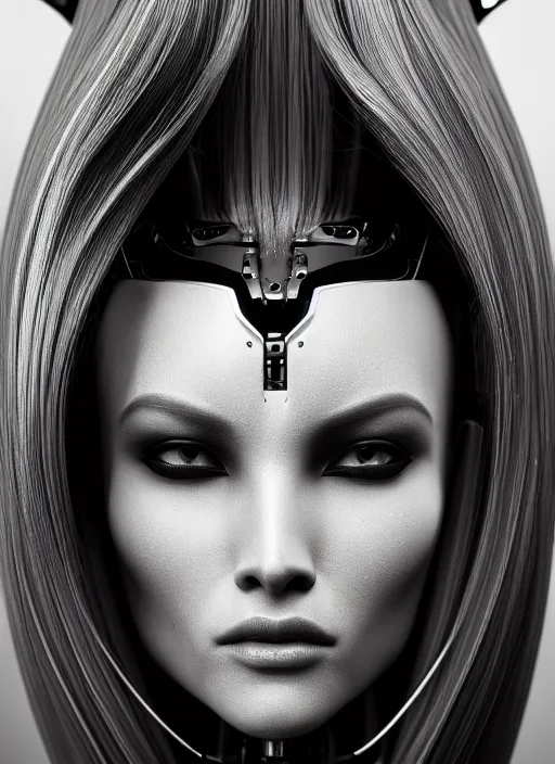 Image similar to a stunning young female cyborg profile face, face is made intricate tribal bio - mechanical, bw, unreal engine, glamor shot, nikon d 7 5 0, closeup, f / 2. 8, low contrast, 1 6 k, rim lighting, optical fiber, cinematic lighting, insanely detailed and intricate, hypermaximalist, elegant, ornate, hyper realistic,