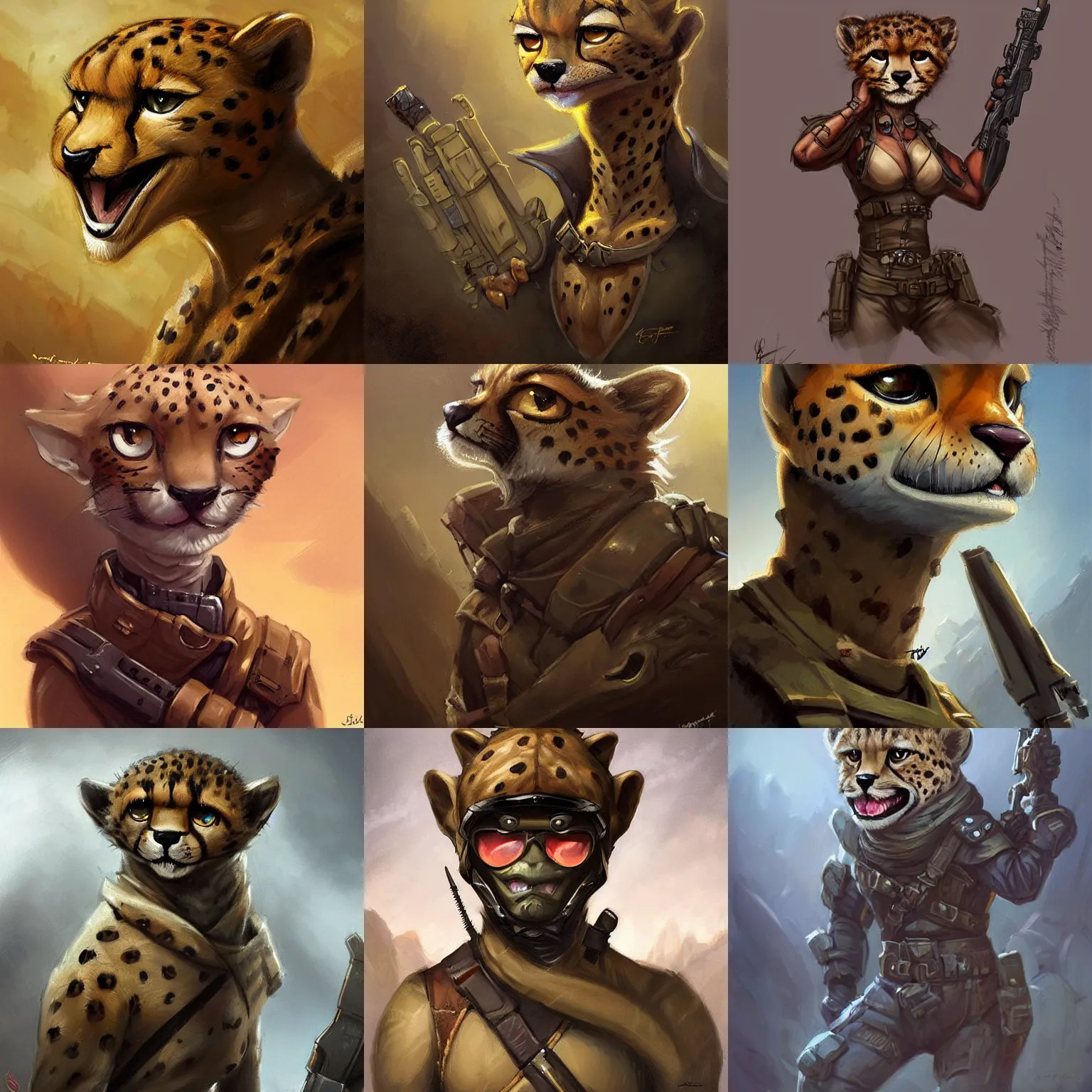 Prompt: cute little anthropomorphic cheetah, soldier, tiny, small, short, modern military gear, cute and adorable, pretty, beautiful, dnd character art portrait, matte fantasy painting, deviantart artstation, by jason felix by steve argyle by tyler jacobson by peter mohrbacher, cinema