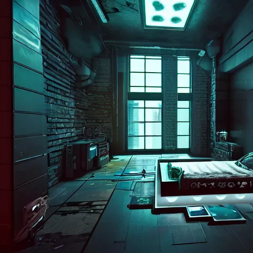 Prompt: a cyberpunk themed bedroom, cobblestone floors