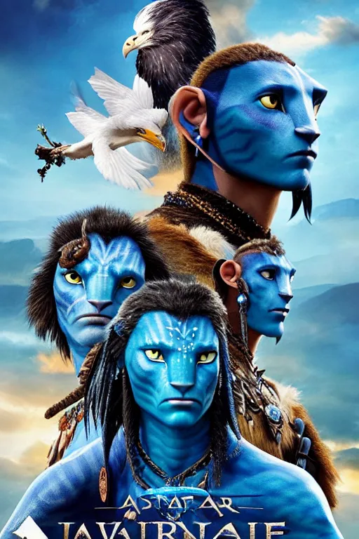 Prompt: a warrior princes with blue skin and a face of an eagle, avatar movie poster