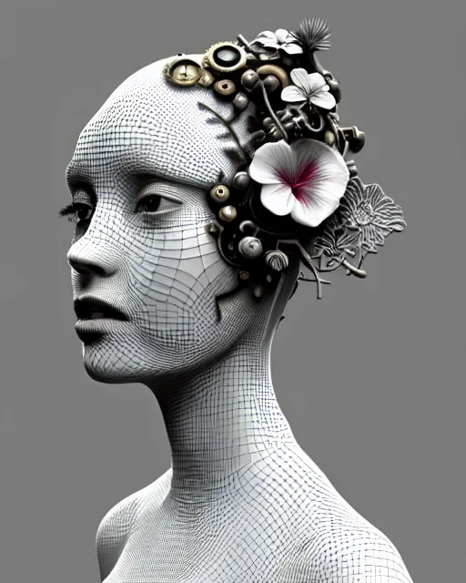 Image similar to monochrome 3 d model, 1 9 3 0 picture, floral steampunk biomechanical beautiful young female cyborg with porcelain profile face and a techno eye, volumetric light, leaves foliage and stems, hibiscus flowers, boho vines, sinuous fine roots, fine foliage lace, alexander mcqueen, rim light, big gothic fashion pearl embroidered collar, octane render, 8 k