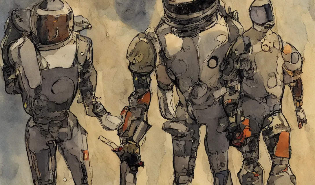 Image similar to male, full body, modern space suit, very stylized character design, large shoulders, short torso, long thin legs, tiny feet, science fiction, hyperdetailed, technical suit, shoulderpads, watercolor digital painting, in style of mike mignola, by alex maleev, jean giraud, painted by leyendecker