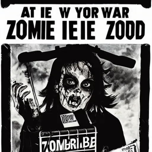 Image similar to old film poster zombie vr, text reads zombie