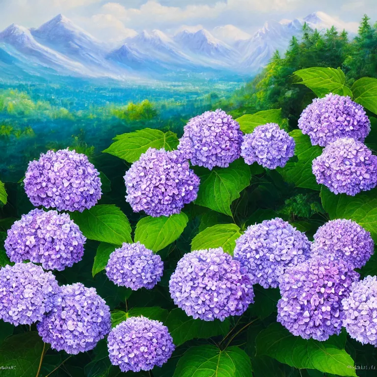 Image similar to a beautiful painting of hydrangea and a landscape of the mountain valley, clematis theme logo, clematis theme banner, clematis design, clematis in the deep sea, clematis like stars in the sky, hydrangea, trending on artstation, warm light, lovely and cute, fantasy art, 8 k resolution, highly detailed
