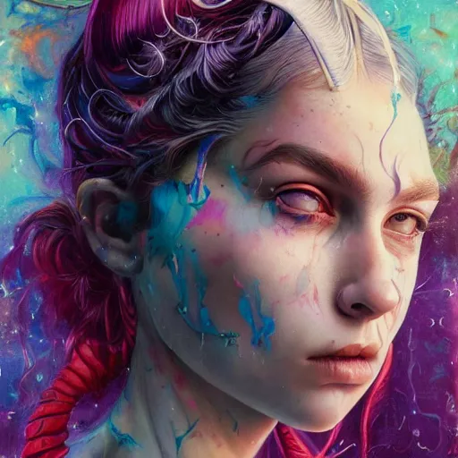 Image similar to art portrait of a furious girl with purple tentacles on her head,8k,by tristan eaton, Stanley Artgermm,Tom Bagshaw,Greg Rutkowski,Carne Griffiths,trending on DeviantArt, face enhance,hyper detailed ,full of colour,