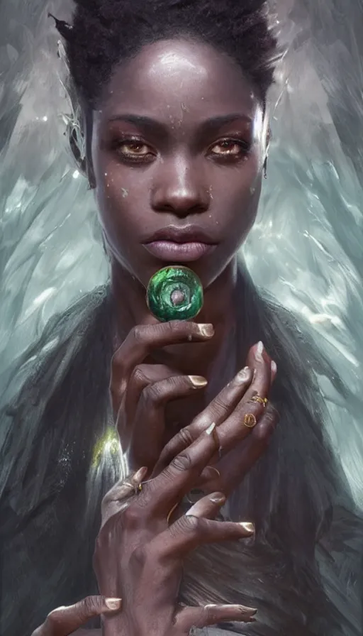 Prompt: epic masterpiece portrait of a dark skin sorceress with a magic wand, african tribe, sweaty skin, hyperrealistic, octane render, cinematic, followed by heads with many faces, beautiful face and flawless skin, perfect hands, emeralds by Edgar Maxence and Ross Tran and Michael Whelan, Legends of Runeterra