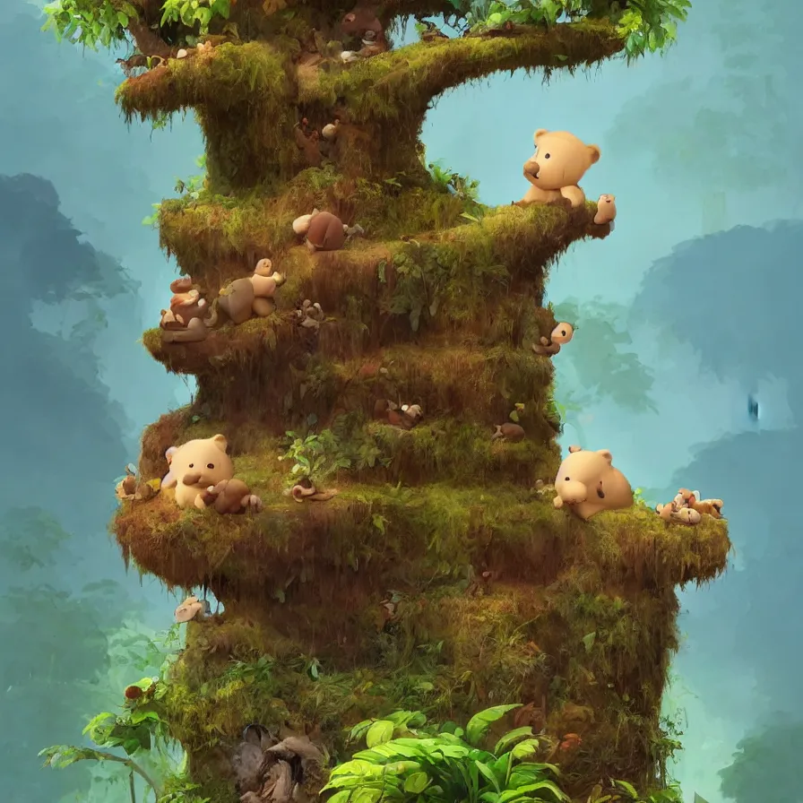 Prompt: A baby bear on top of a trunk that navigates the river of a jungle, art by Goro Fujita, ilustration, concept art, sharp focus, ArtStation, Deviantart