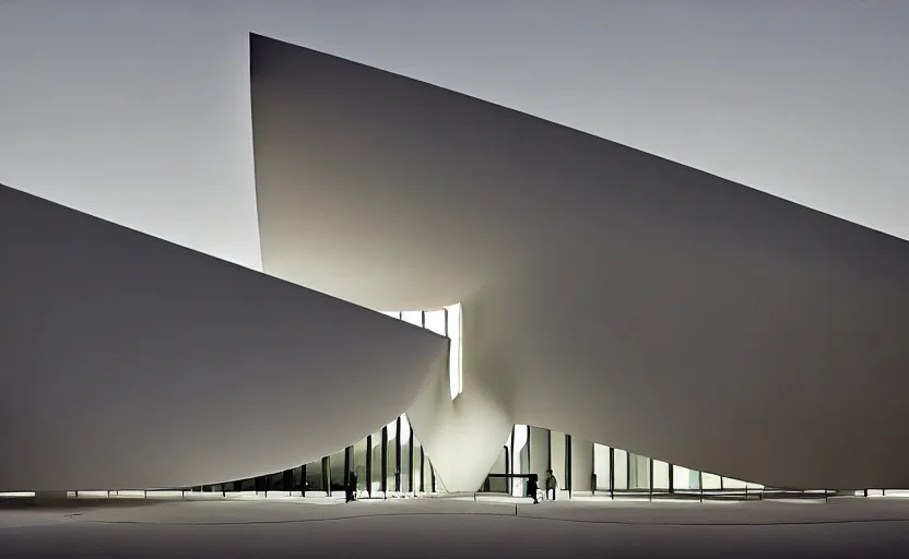 Prompt: exterior painting of a white architecture by zaha hadid and peter zumthor painted by greg ruthkowski, cinematic and atmospheric lighting