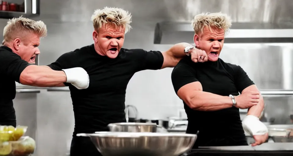 Image similar to photo of angry furious Gordon Ramsay punching Gordon Ramsay at the kitchen