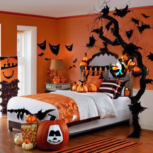 Prompt: homemade maple moth halloween themed christmas bedroom ideas, high resolution, creative, visually appealling