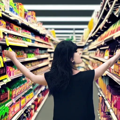 Image similar to a woman in a supermarket trying to reach for something on the top shelf, storybook illustration, monochromatic