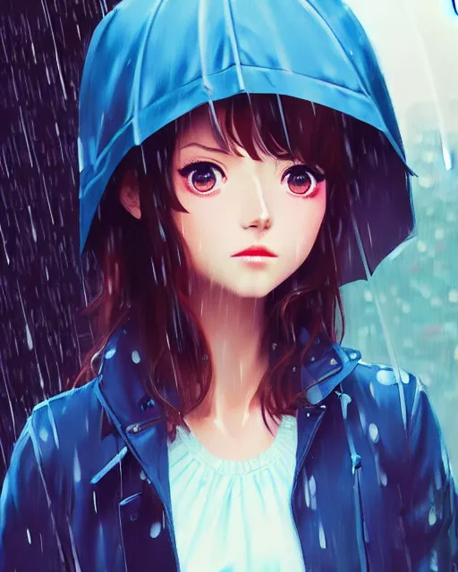 Image similar to cute girl in the rain. full shot | very very anime!!!, fine - face, audrey plaza, realistic shaded perfect face, fine details. anime. realistic shaded lighting poster by ilya kuvshinov katsuhiro otomo ghost, magali villeneuve, artgerm, jeremy lipkin and michael garmash and rob rey