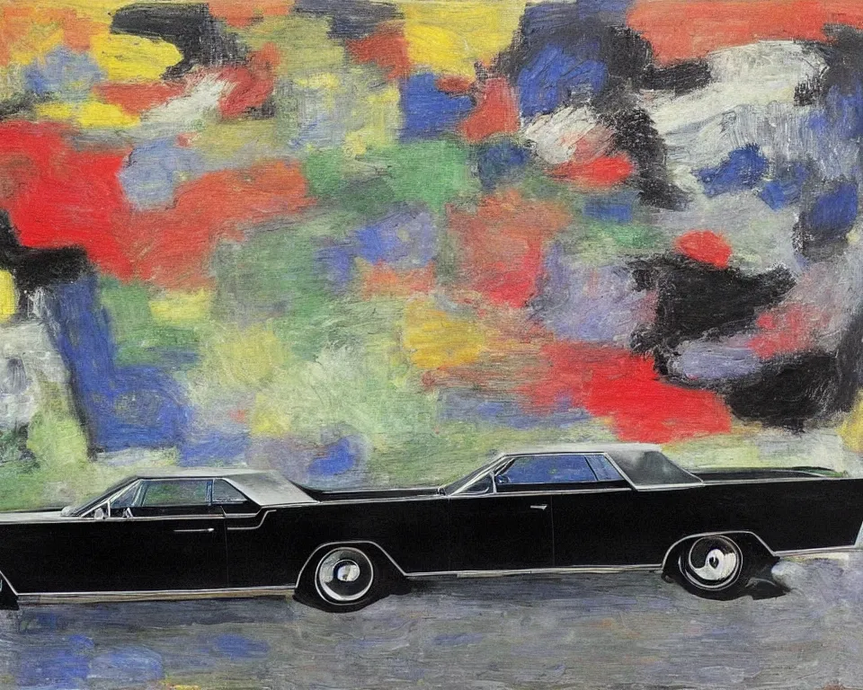 Prompt: an abstract, flat side view of a black 1963 Lincoln Continental. intricate, vibrant, Raphael, Monet, Rene Margritte.