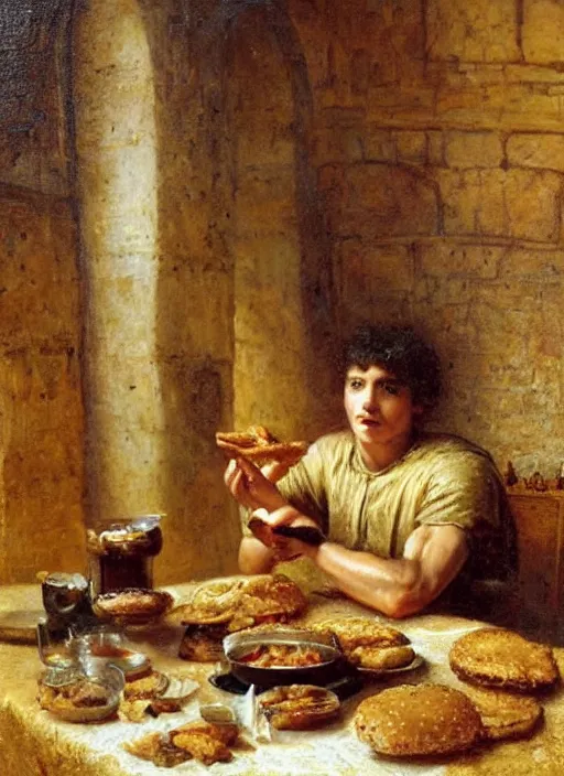 Prompt: young man eating a burger in a medieval dinning room, surrounded by starving people in front of a giant painting, extremely realistic and highly detailed painting by gaston bussiere, soft light, gold ratio