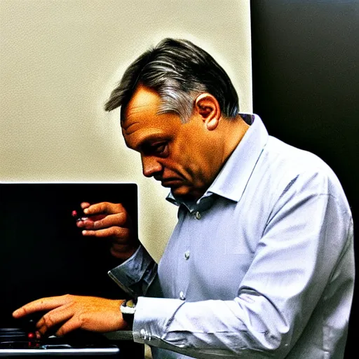 Image similar to viktor orban programming a computer in a cubicle, oil painting