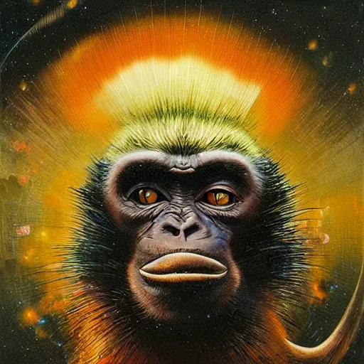 Prompt: A monkey at ozora festival by night, art by karol bak