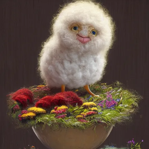 Prompt: long shot of a very fluffy wool chick nesting in a floral cup, esao andrews, by m. w. kaluta, humorous illustration, hyperrealistic, tilt shift, warm colors, night scenery, low light, 3 d octane render, 4 k, volumetric lights, smooth, cosy atmosphere, conceptart, hyperdetailed, trending on deviantart