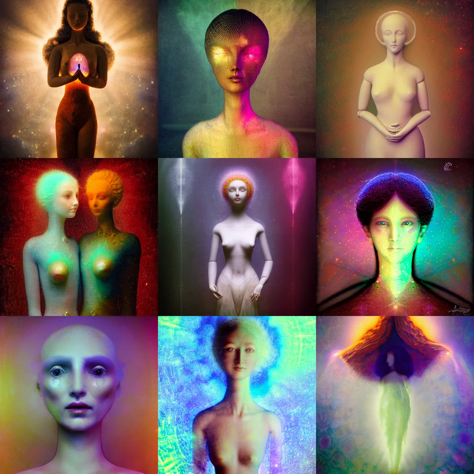 Prompt: kirlian photography photo portrait of a beautiful female jointed art doll, holding each other, colourful auras, by agostino arrivabene, by fernand khnopff, by rembrandt, steampunk, rendered in octane, photography, photorealistic