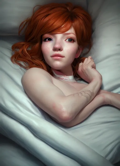 Prompt: sleeping portrait of wendy's mascot wendy thomas, hyper detailed, digital art, trending in artstation, cinematic lighting, studio quality, smooth render, unreal engine 5 rendered, octane rendered, art style by klimt and nixeu and ian sprigger and wlop and krenz cushart.