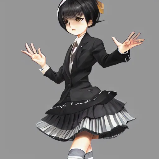 Image similar to luxury advertisement, astonishing portrait of a very beautiful anime schoolgirl with black bob hair, full perfect face, she is dancing. Realistic, highly detailed background, artstation, 120 degree view, drawn by Sasoura, Satchely and Akihiko Yoshida, no distortion