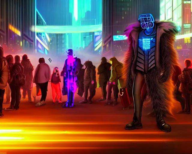 Image similar to high - resolution photograph from a cyberpunk era furry fandom convention ( midwest furfest 2 0 4 7 ), taking place after the genetic revolution and quantum singularity. photorealistic.