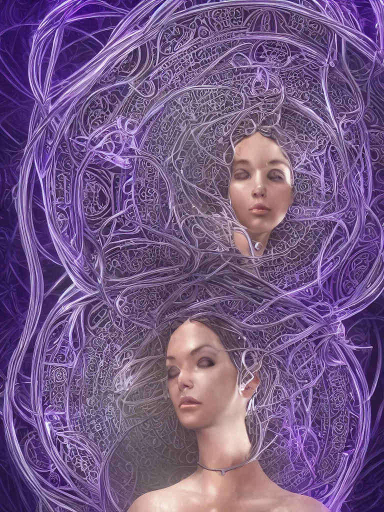 Prompt: a centered render of an alluring goddess floating through a robotic tunnel surrounded by flowing tendrils of energy and spiral mandalas, full body, gorgeous face, perfect face, powerful, by amanda sage, 3 d, trending on artstation, octane render, 8 k