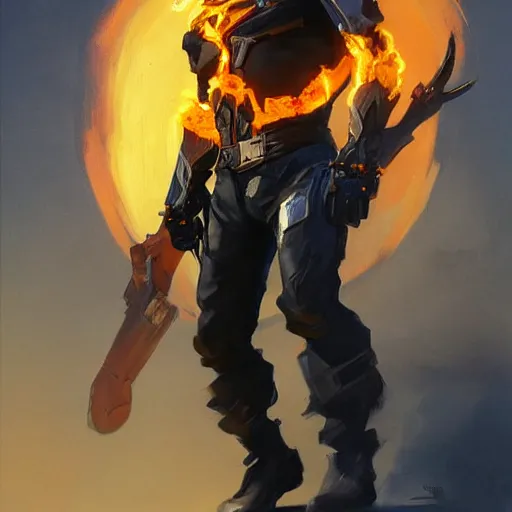 Image similar to greg manchess portrait painting of ghost rider as overwatch character, medium shot, asymmetrical, profile picture, organic painting, sunny day, matte painting, bold shapes, hard edges, street art, trending on artstation, by huang guangjian and gil elvgren and sachin teng