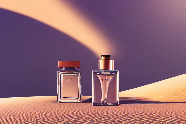 Image similar to perfume bottle buried in oasis in the middle of a desert, dramatic, mid day, sand dune background, large scale, hyperrealistic, lots of detail, realistic lighting, octane render, by wlop, artgerm, trending on artstation