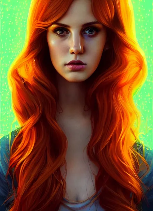 Image similar to full body portrait of teenage cheryl blossom, bangs, green eyes, sultry expression, red hair, sultry smirk, bangs and wavy hair, big bangs, intricate, elegant, glowing lights, highly detailed, digital painting, artstation, concept art, smooth, sharp focus, illustration, art by wlop, mars ravelo and greg rutkowski