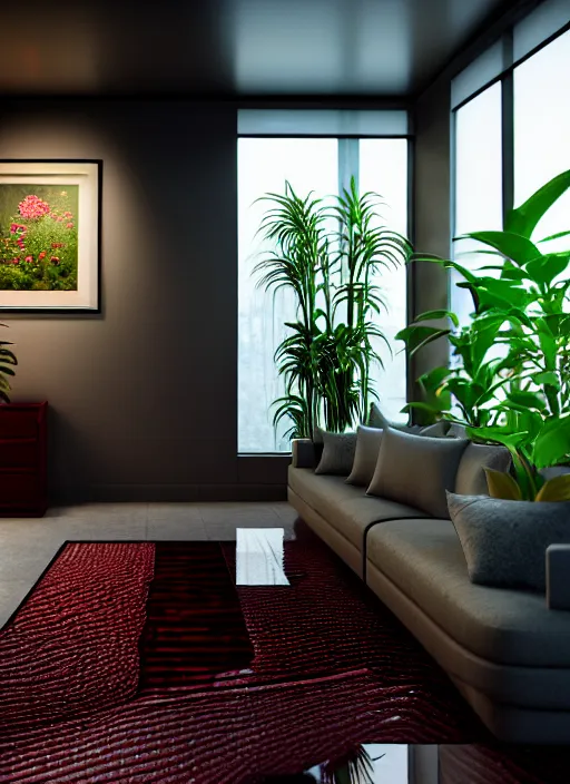 Prompt: hyperrealism, detailed textures, photorealistic 3 d render, a beautiful rich interior huge living space with plants fishtanks and obsidian flooring, futuristic glass coffee table, deep cherry wood walls, ultra realistic, ultra high pixel detail, cinematic, intricate, cinematic light, octane render, concept art, illustration, captured on canon eos r 6, art station, unreal engine 8 k