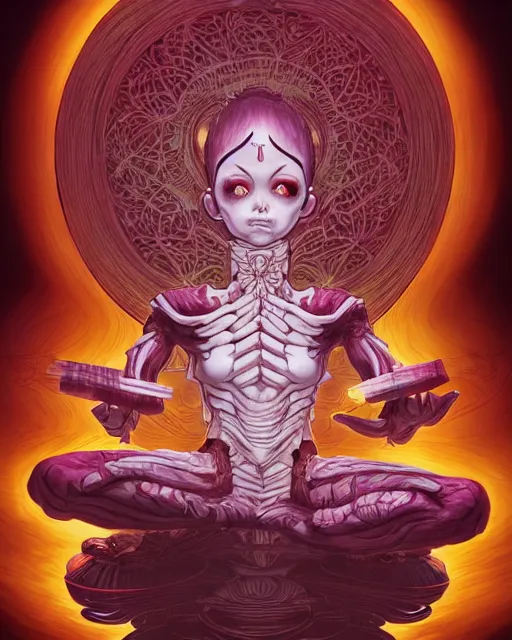 Image similar to a tiny cute demon floating while meditating and wrapped in sacred scrolls, smooth, intricate, elegant, digital painting, artstation, power runes, pulsing energy, concept art, sharp focus, octane render, illustration, art by shintaro kago and philippe druillet, overwatch character,