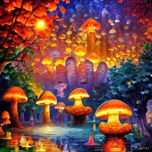 Image similar to glowing mushroom village, art by ricardo bofill, james christensen, rob gonsalves, paul lehr, leonid afremov and tim white