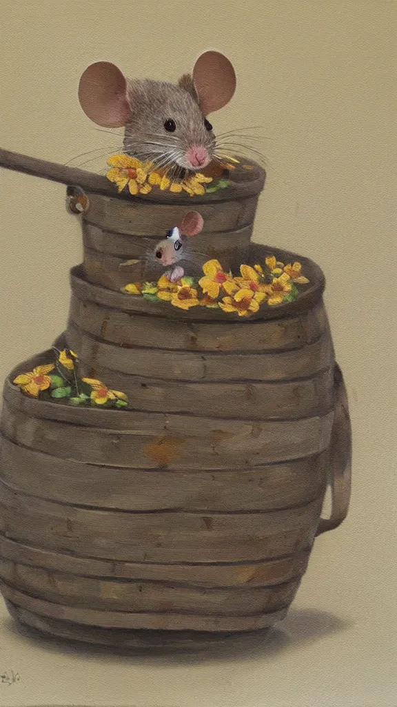 Prompt: cute mouse in a barrel, highly detailed, oil painting