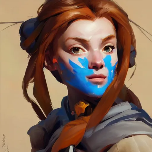 Image similar to greg manchess portrait painting of a aloy as overwatch character, medium shot, asymmetrical, profile picture, organic painting, sunny day, matte painting, bold shapes, hard edges, street art, trending on artstation, by huang guangjian and gil elvgren and sachin teng