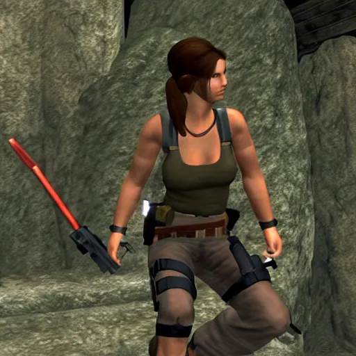 Prompt: A screenshot of Harrison Ford as Lara Croft in Tomb Raider PSX