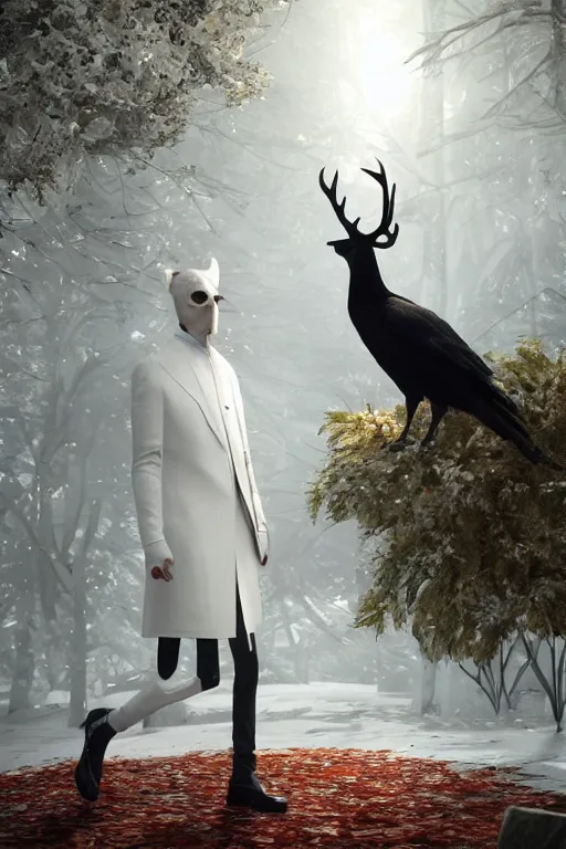 Image similar to a deer wearing a white formal coat conversing with a crow wearing a red formal coat, hyperrealistic, concept art, octane render, unreal engine 5, trending on DeviantArt, highly detailed, high quality, 8K, soft lighting, cute, natural lighting, realistic face, trending on Artstation, elegant clothes, profile picture, path traced, house background