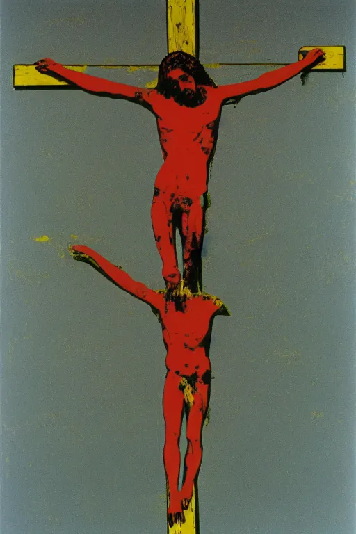 Image similar to bloody jesus christ crucified, yellow sky painted by andy warhol and cy twombly