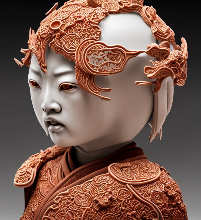 Image similar to Samurai, A Close up photo-real delicate ceramic porcelain sculpture of a symmetrical ornate detailed in front of an intricate background by Victo Ngai and takato yamamoto, micro detail, backlit lighting, face in focus, subsurface scattering, translucent, thin porcelain, octane renderer, colorful, physically based rendering, japanese pottery, trending on cgsociety