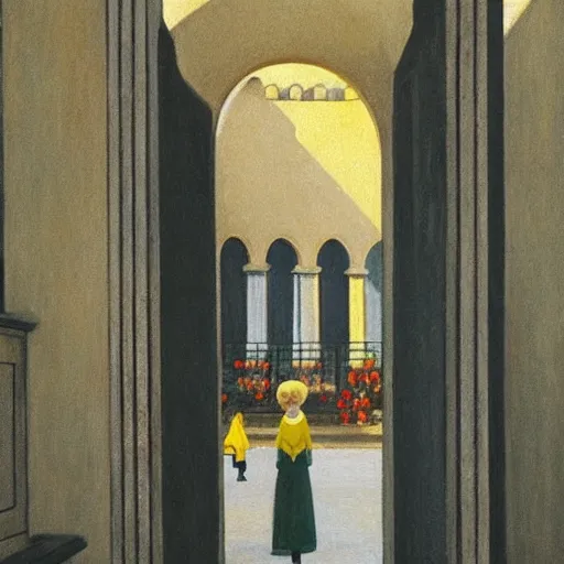 Image similar to in the distance, a little girl with short black hair and wearing a yellow coat alone in the inner courtyard of a cloister in an abbey, the light is bright and wintry, painting by hopper and de chirico