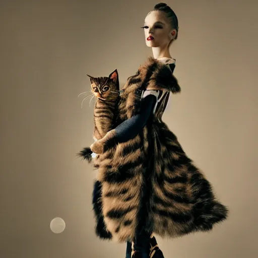 Image similar to Fashion photography of a woman wearing an outfit inspired cats, artistic photography, cinematic lighting, insanely detailed, chiaroscuro, cinestill 800t, Vogue magazine