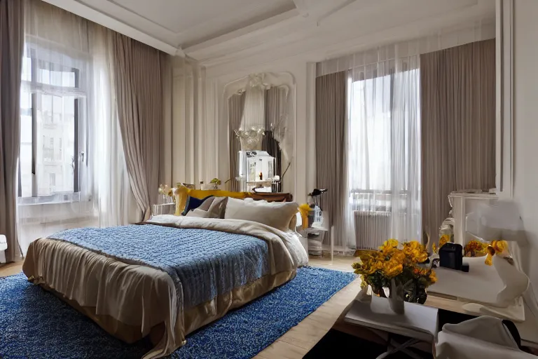 Prompt: A sunny bedroom, exquisite decoration, all New York Apartments style furniture, high tech