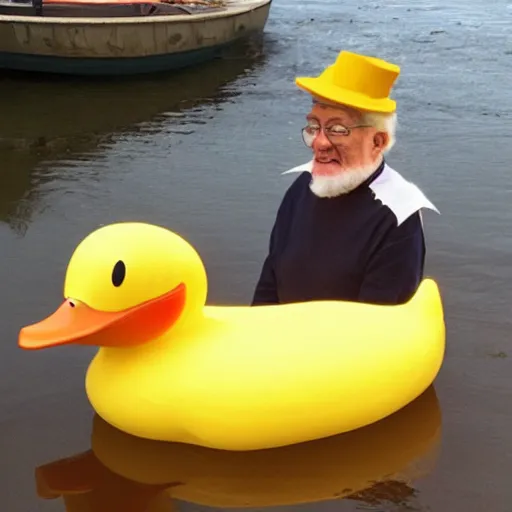 Image similar to old man cosplaying as a rubber duck